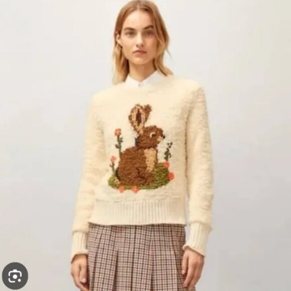 Rare and Sought After Tory Burch Cottage Core Bunny Rabbit Sweater Wool Sz M GUC - Picture 1 of 11